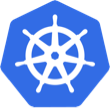 Kubernetes logo, a white ship's wheel on a blue octagonal background, representing cloud computing orchestration.