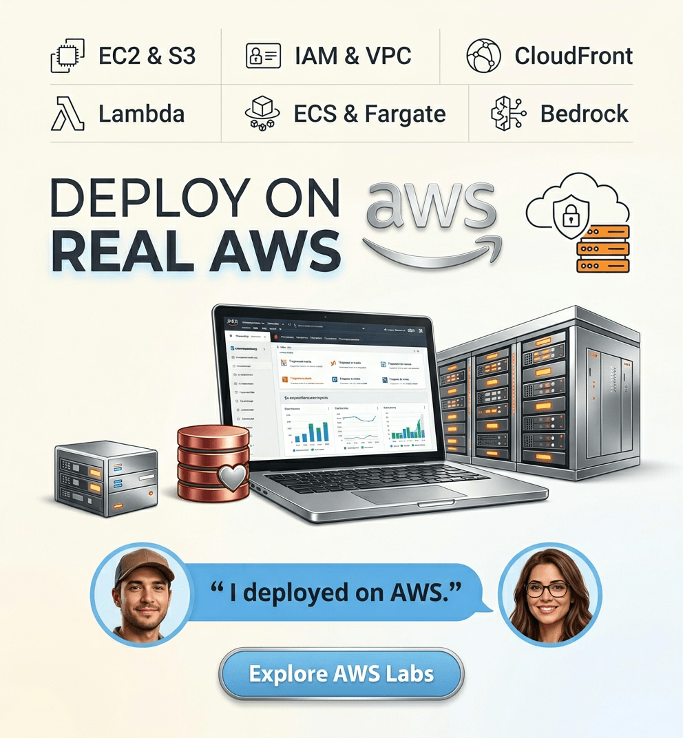 Real AWS console deployment inside DeployU playground